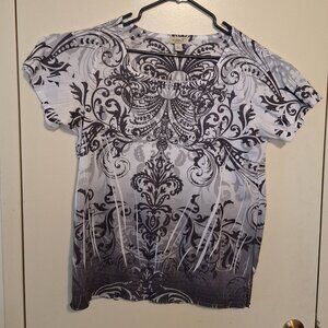 OneWorld Ornate Scroll Print Sheer Blouse – Grey & Black Top – Women’s XL